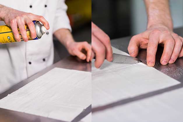 The Chef is slicing the Pampas Fillo Pastry and spraying with oil