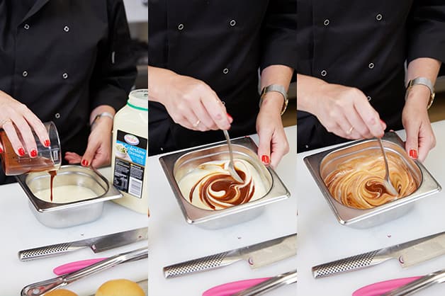 The chef is seen combining the Chipotle Sauce and Coleslaw dressing