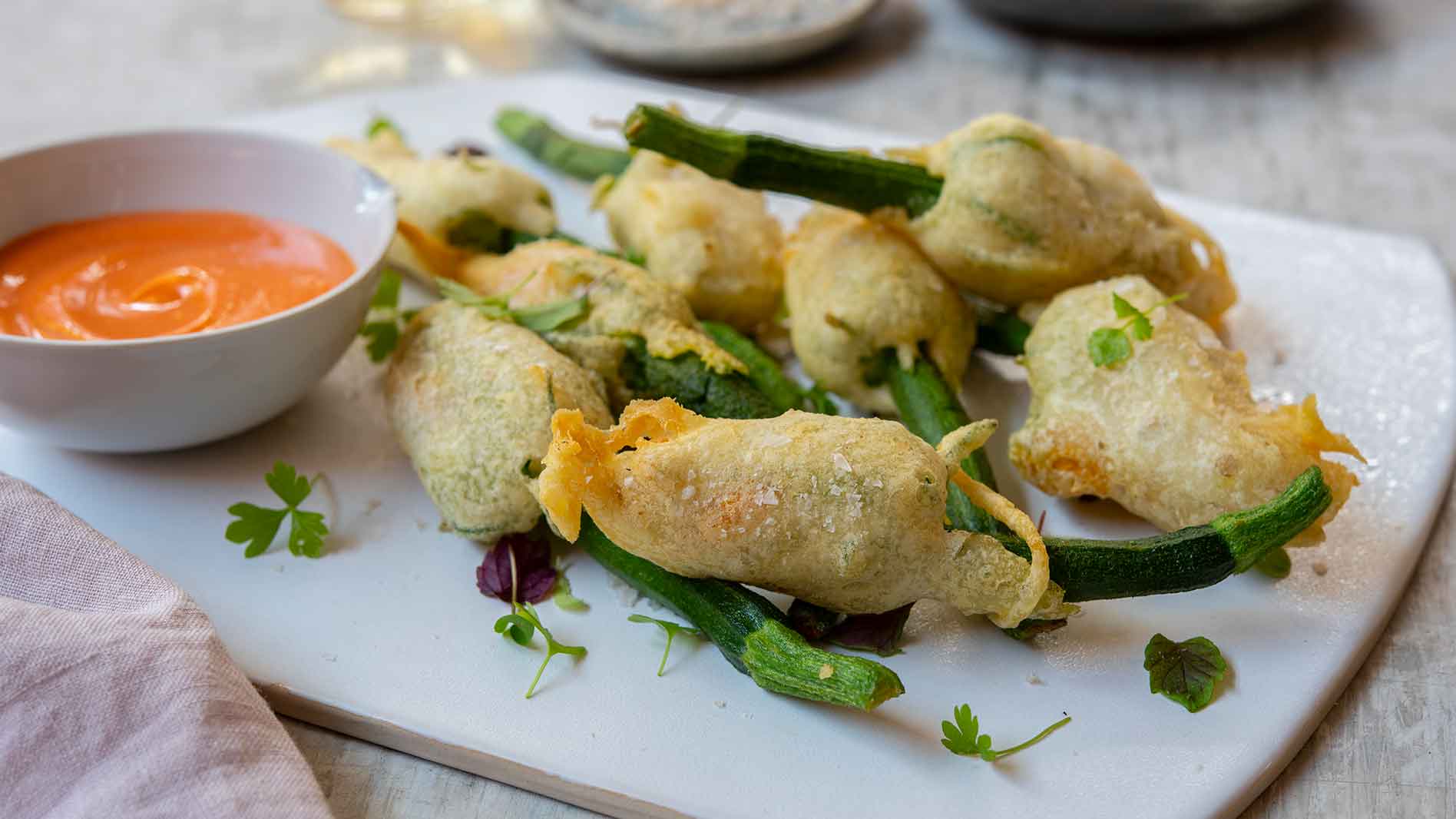 Vegan Tempura Zucchini Flowers Stuffed With Cashew Cheese
