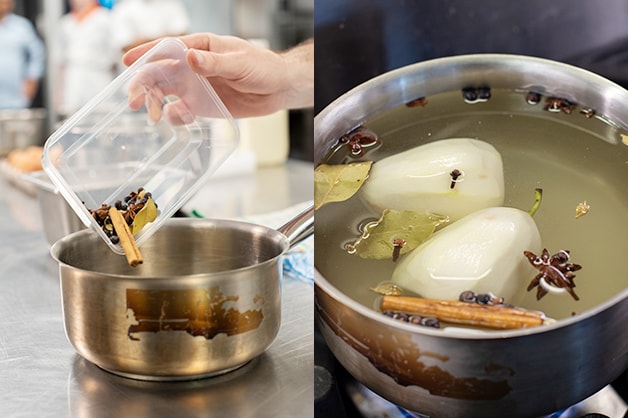 Placing pears a pot with aromatic ingredients 